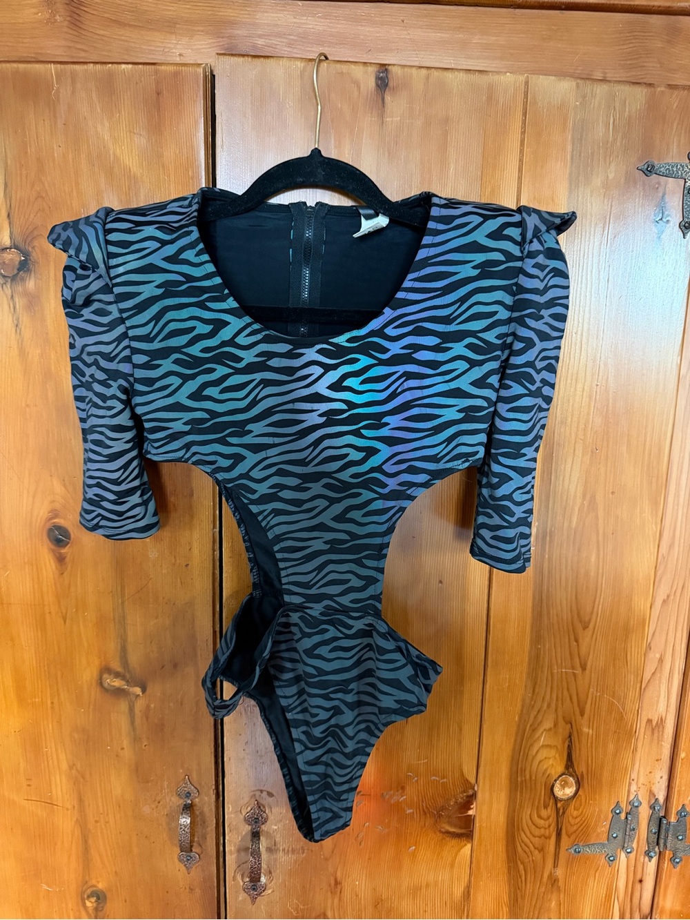 Black Holographic Zebra-Print Cutout Bodysuit